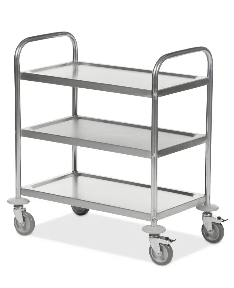 Carrello KM a ripiani in acciaio inox, 3 ripiani, 100 kg, 710x400mm, 4 ruote girevoli in PU, freno