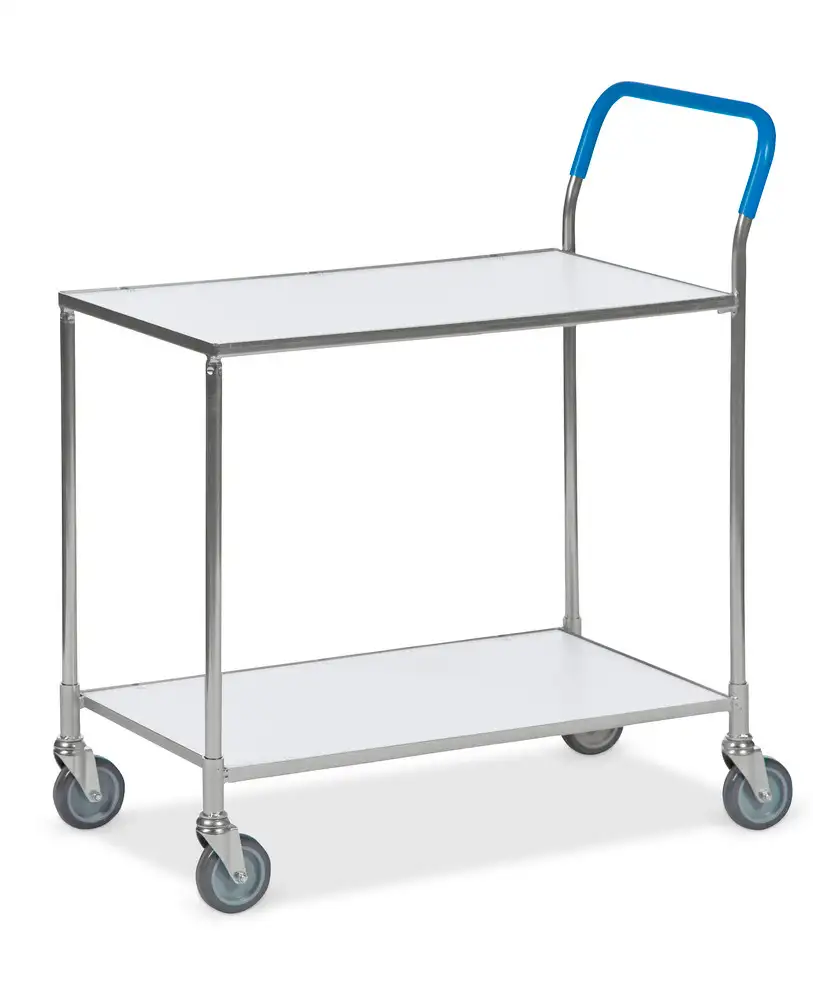 Carr. di trasporto KM, zinc., 2 rip. riv. in bianco, 150 kg, 850x435mm, 4 ruote orient. in PP, freno