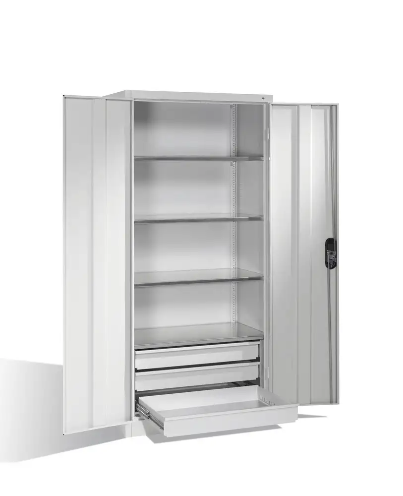 Armadio per utensili e materiali Cabo, porte a battente e cassetti, L 930, P 500, H 1950 mm, grigio