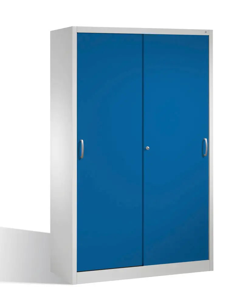 Arm. Cabo per utensili, con porte scorrevoli, 4 ripiani di stocc., L1200, P600, H1950 mm, grigio/blu
