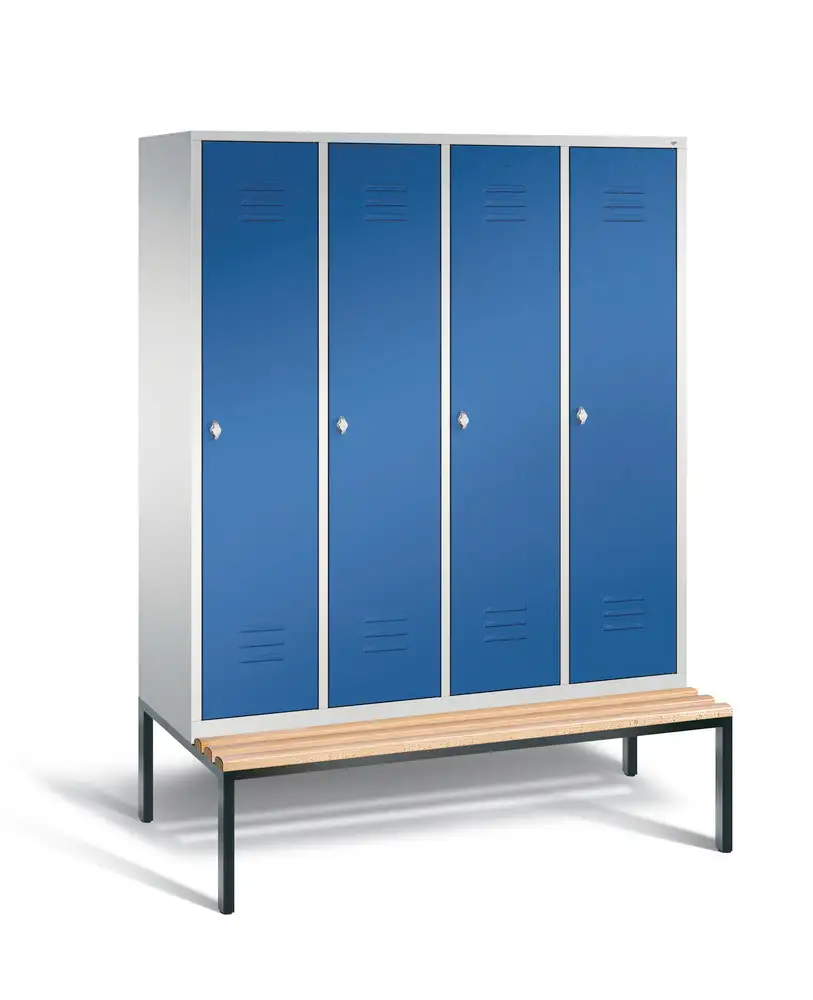 Armadietto spogliatoio Cabo con panchina, 4 scomparti, L 1590, H 2090, P 500/815 mm, grigio/blu