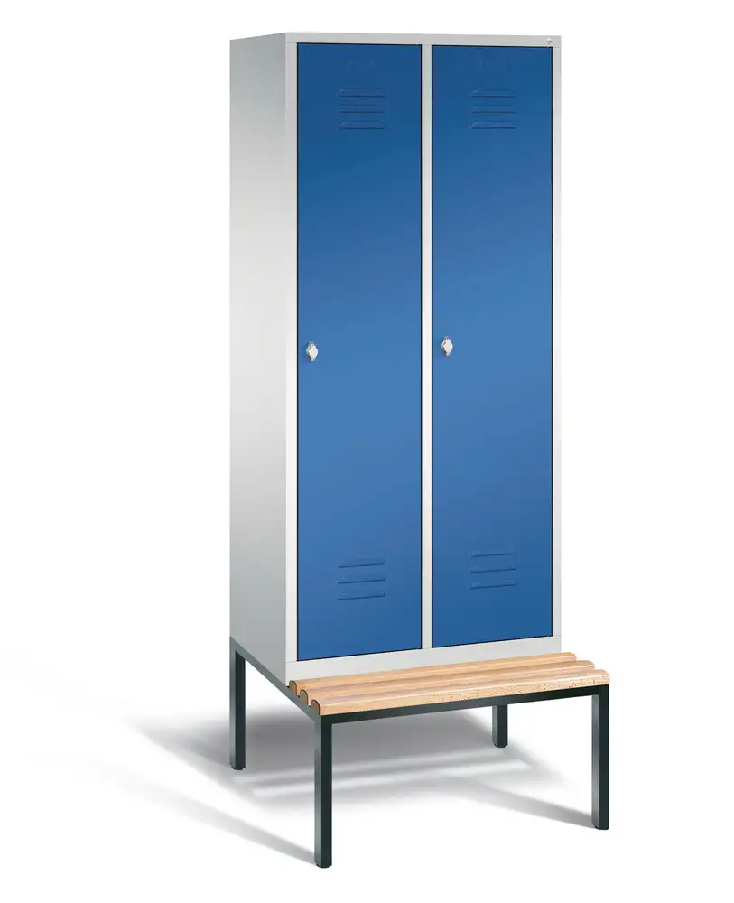 Armadietto spogliatoio Cabo con panchina, 2 scomparti, L 810, H 2090, P 500/815 mm, grigio/blu