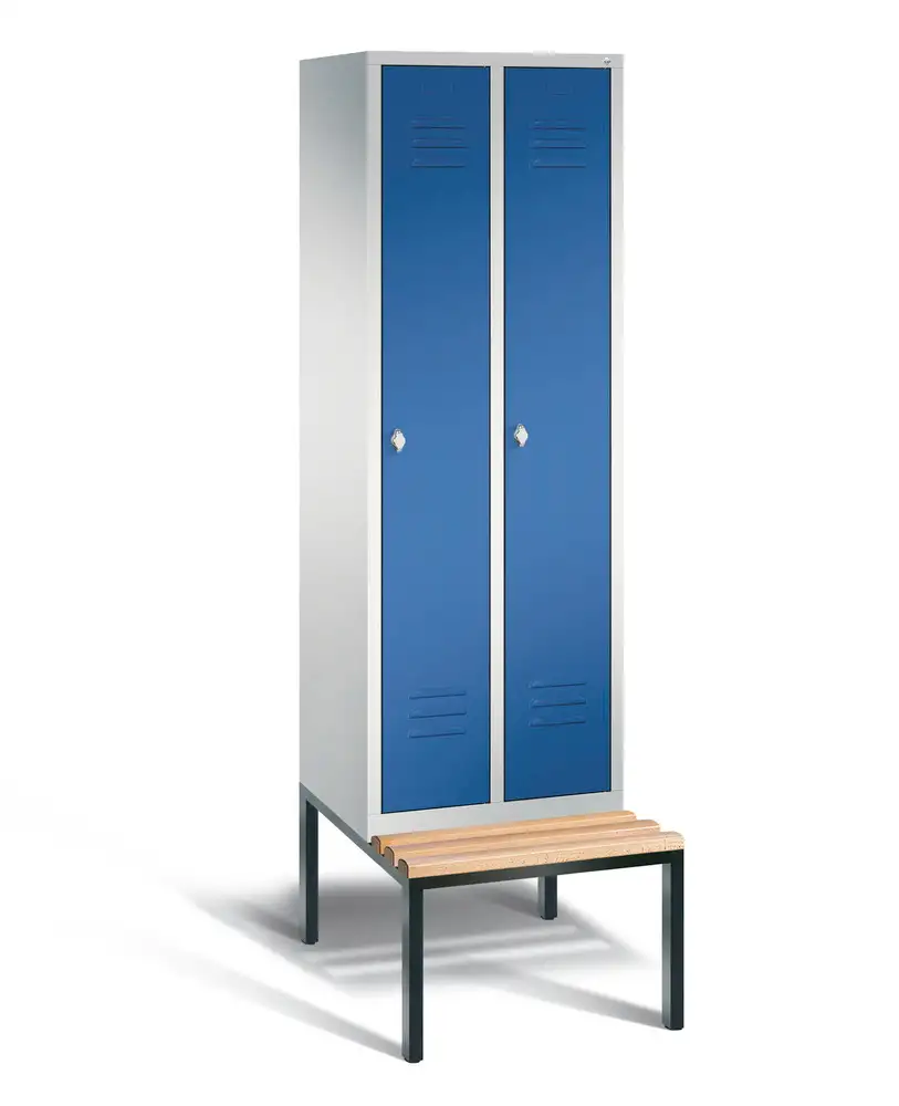 Armadietto spogliatoio Cabo con panchina, 2 scomparti, L 610, H 2090, P 500/815 mm, grigio/blu