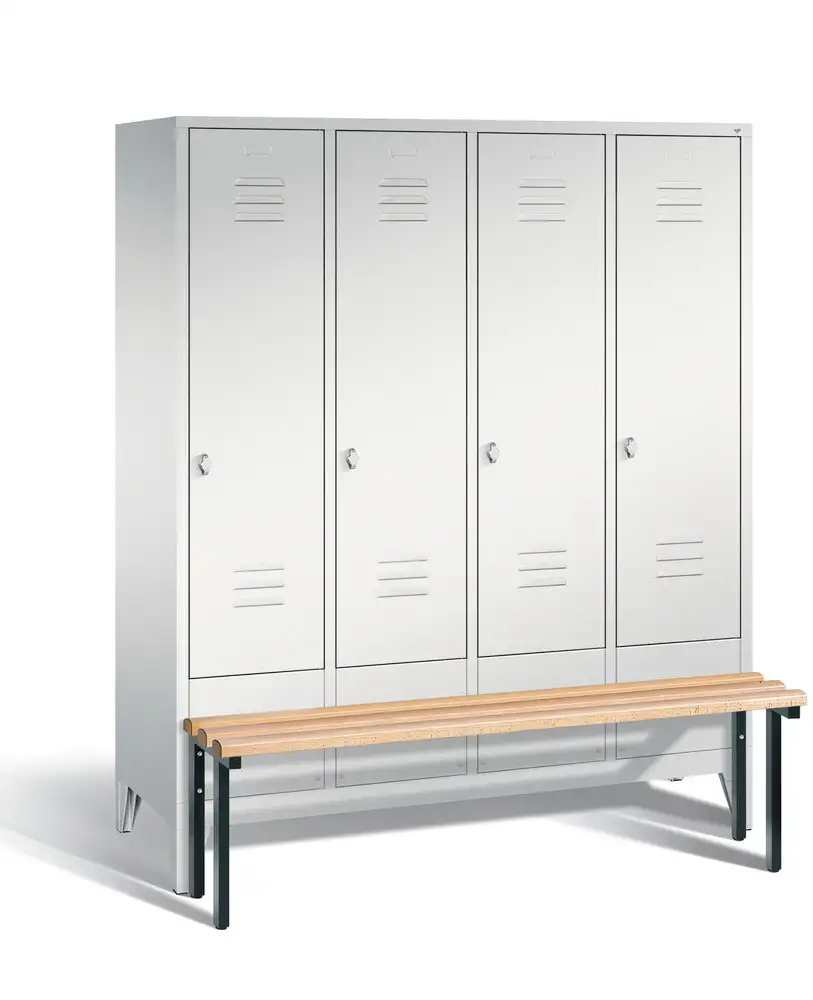 Armadietto spogliatoio Cabo con panchina, 4 scomparti, L 1590, H 1850, P 500/815 mm, grigio/grigio