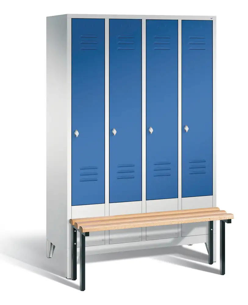 Armadietto spogliatoio Cabo con panchina, 4 scomparti, L 1190, H 1850, P 500/815 mm, grigio/blu