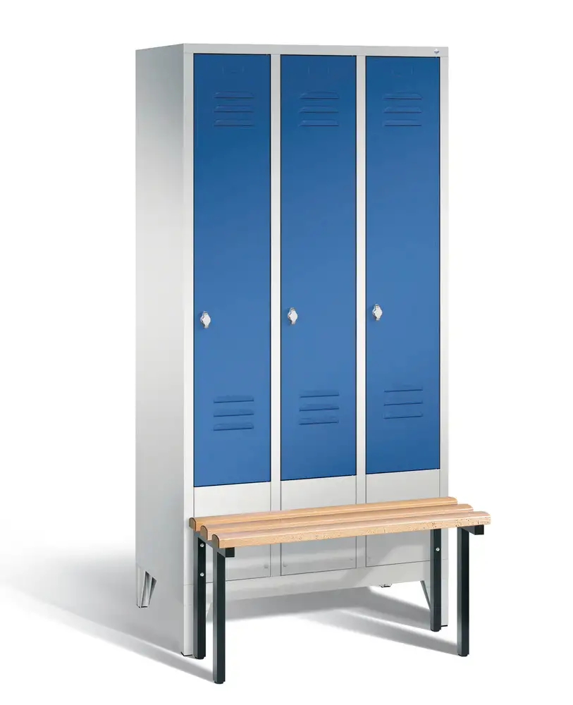 Armadietto spogliatoio Cabo con panchina, 3 scomparti, L 900, H 1850, P 500/815 mm, grigio/blu