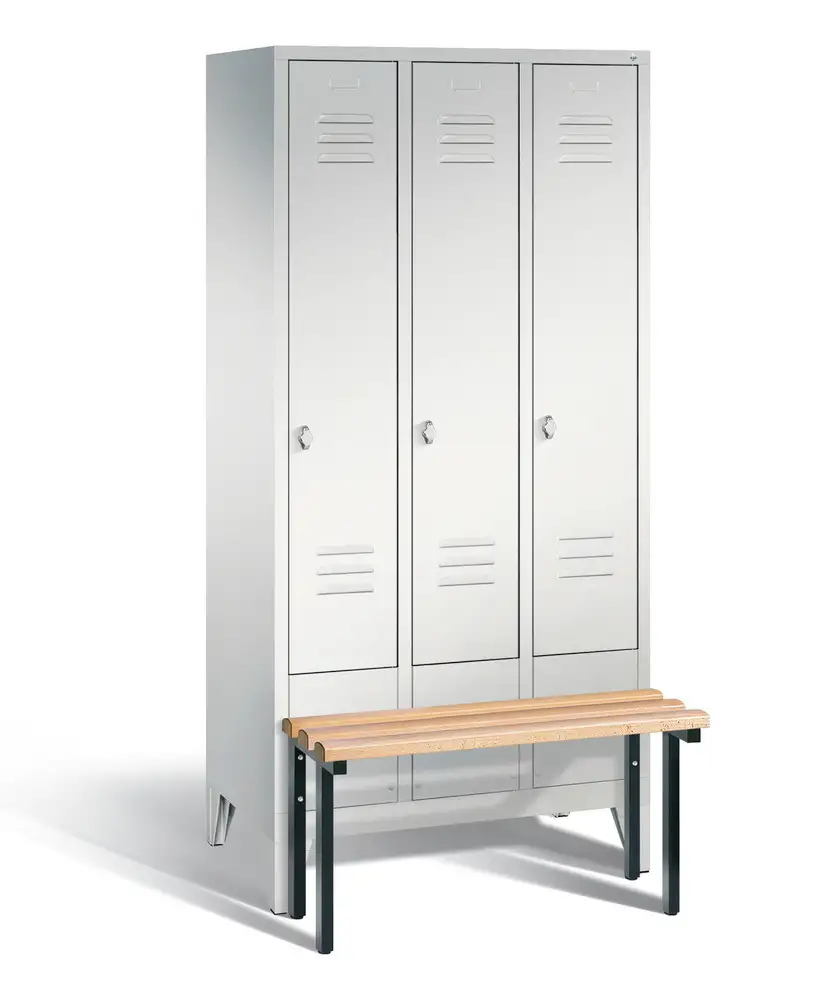 Armadietto spogliatoio Cabo con panchina, 3 scomparti, L 900, H 1850, P 500/815 mm, grigio/grigio