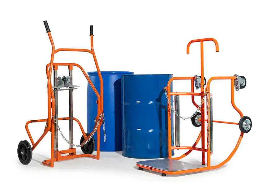 Set con carrello per fusti Secu Comfort e ribalta fusti Secu Plus, per fusti in acciaio e plastica
