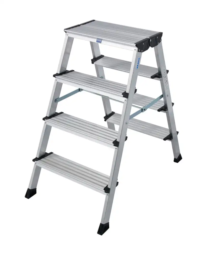 Predellino doppio pieghevole Treppo, alluminio, ampia superficie superiore d’appoggio, 2 x 4 gradini