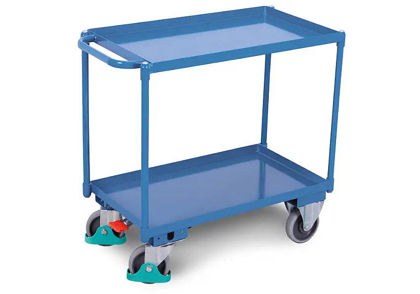 Tav. mob. DENIOS classic-line con 2 vasche in lam. d’acc., ruote TPE, ErgoStop, 845x495 mm, 400 kg