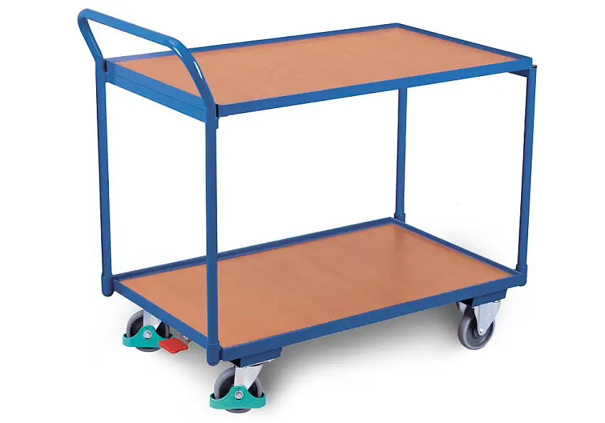 Tav. mob. DENIOS classic-line con 2 ripiani/bordo, ruote TPE, ErgoStop, maniglie arcuate, 835x490 mm