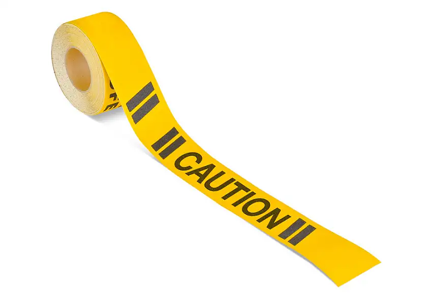 Strato antiscivolo m2™, marcatura direzionale, nero/giallo, “Caution”, rotolo 75 mm x 18,3 m
