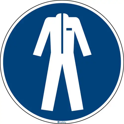 Segnale di prescrizione Indossare indumenti di protez., ISO7010, pell. adesiva, 200mm, 10 pezzi