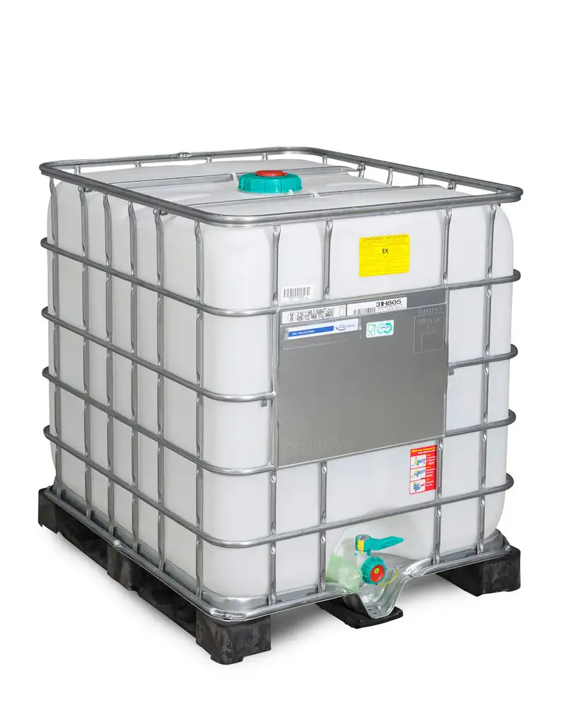 Cisternetta per merci pericolose, versione EX, pallet in PE, 1000 litri, apertura DN150, uscita DN50