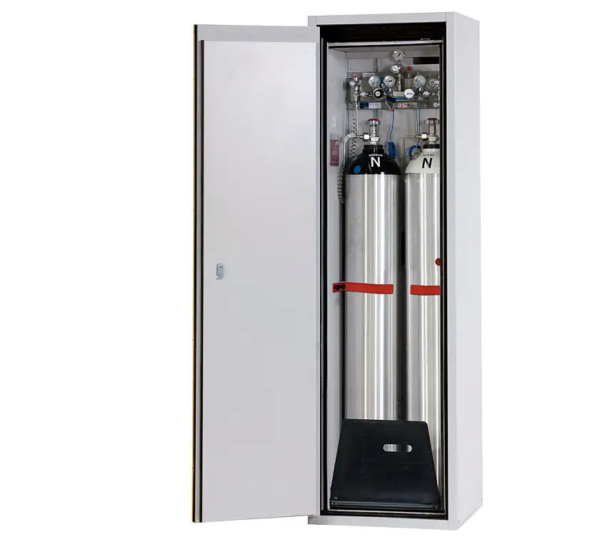 armadio antincendio asecos G90, per 2 bombole da 50 l., L 600 mm, porta a sinistra, grigio/giallo
