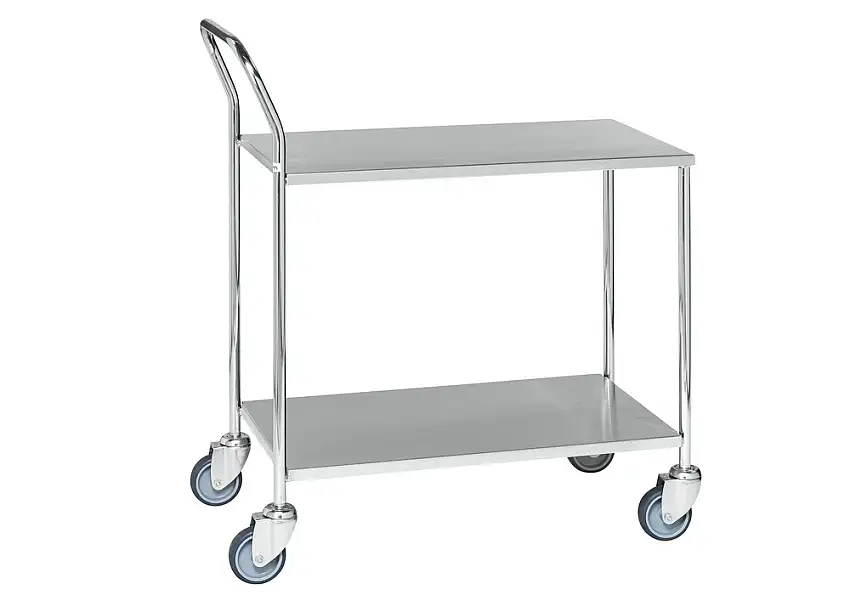 Tavolo mobile KM, zinc., 2 ripiani riv. in acc. inox, portata 150 kg, 4 ruote orient. in PU