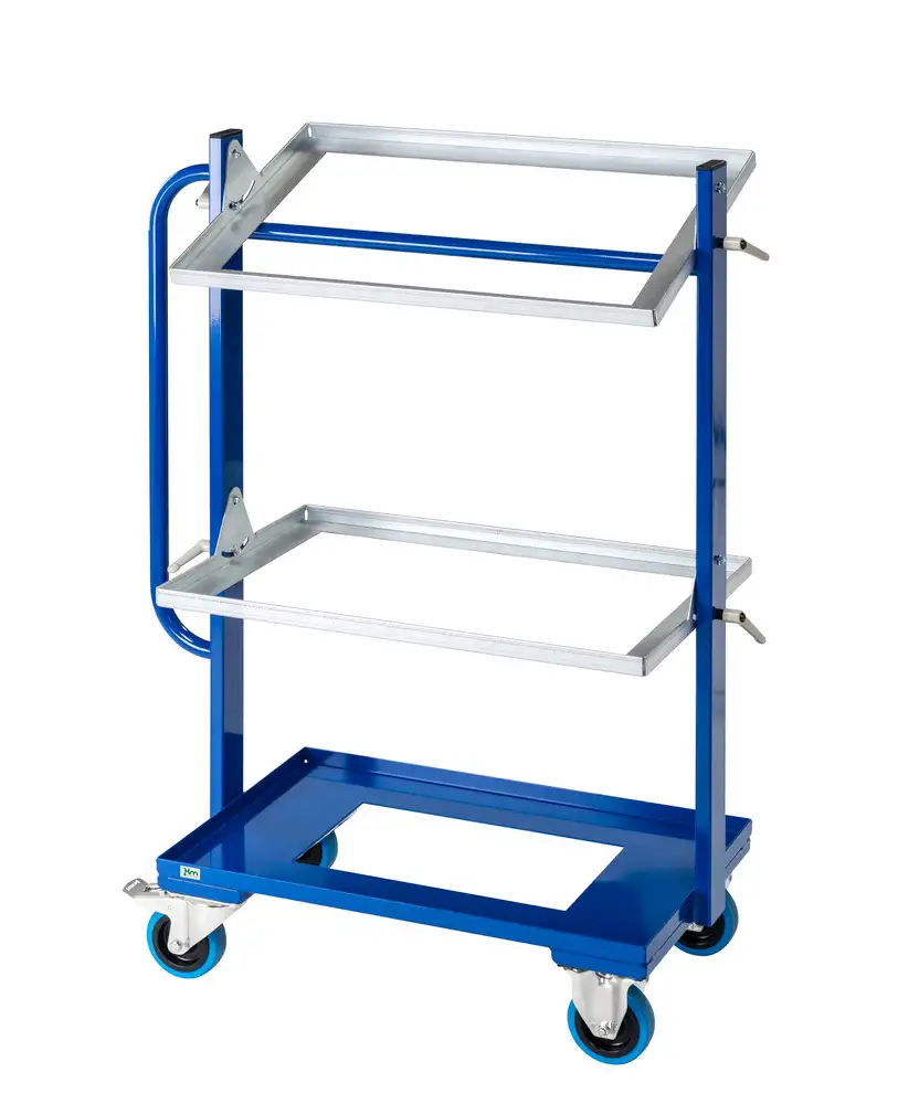Carrello ausiliario KM per cassette Euro, 2 ripiani inclinabili, zinc./blu, ruote tess. elast.,freno