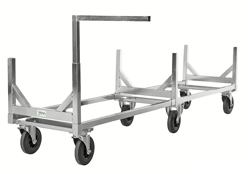 Carr. KM per merci lunghe, con timone, zincato, portata 800 kg, 2 ruote fisse e 4 orientabili