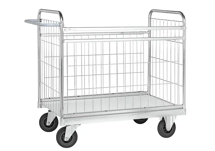 Carrello KM x pacchi, zincato, pareti lat. reg. in grigliato, portata 300 kg, ruote gomma p., freno