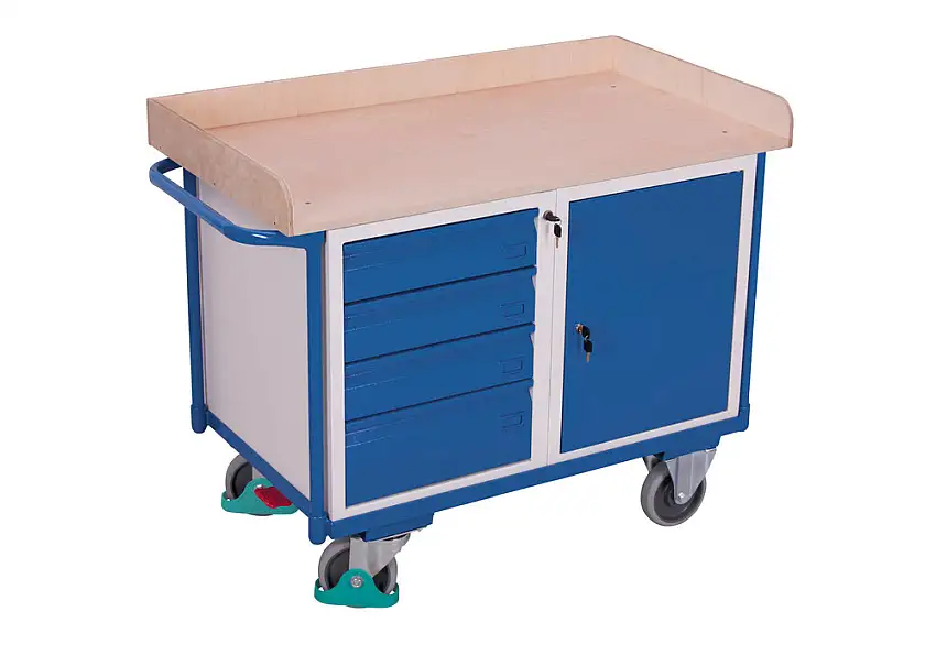 Carr. officina con 3 superf. carico, piano lavoro in legno compens. faggio, 4 cass. e porta a batt.