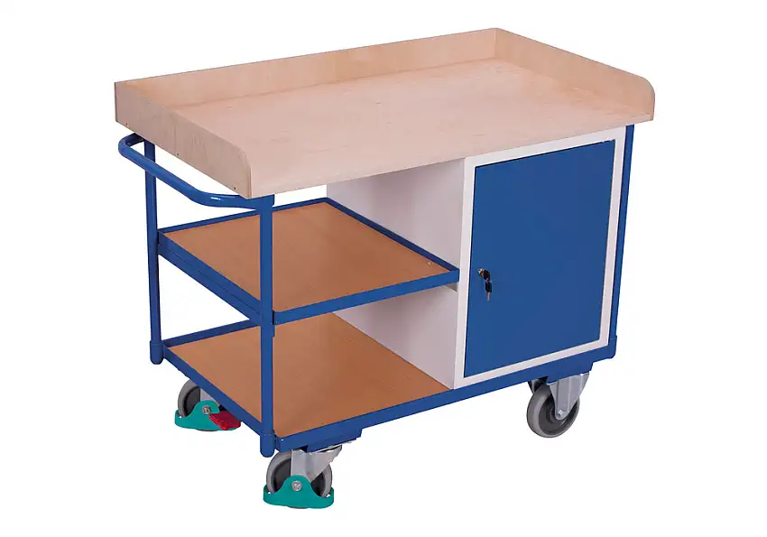 Carr. officina con 3 superf. carico, piano lavoro in legno compensato di faggio, 1 porta a battente