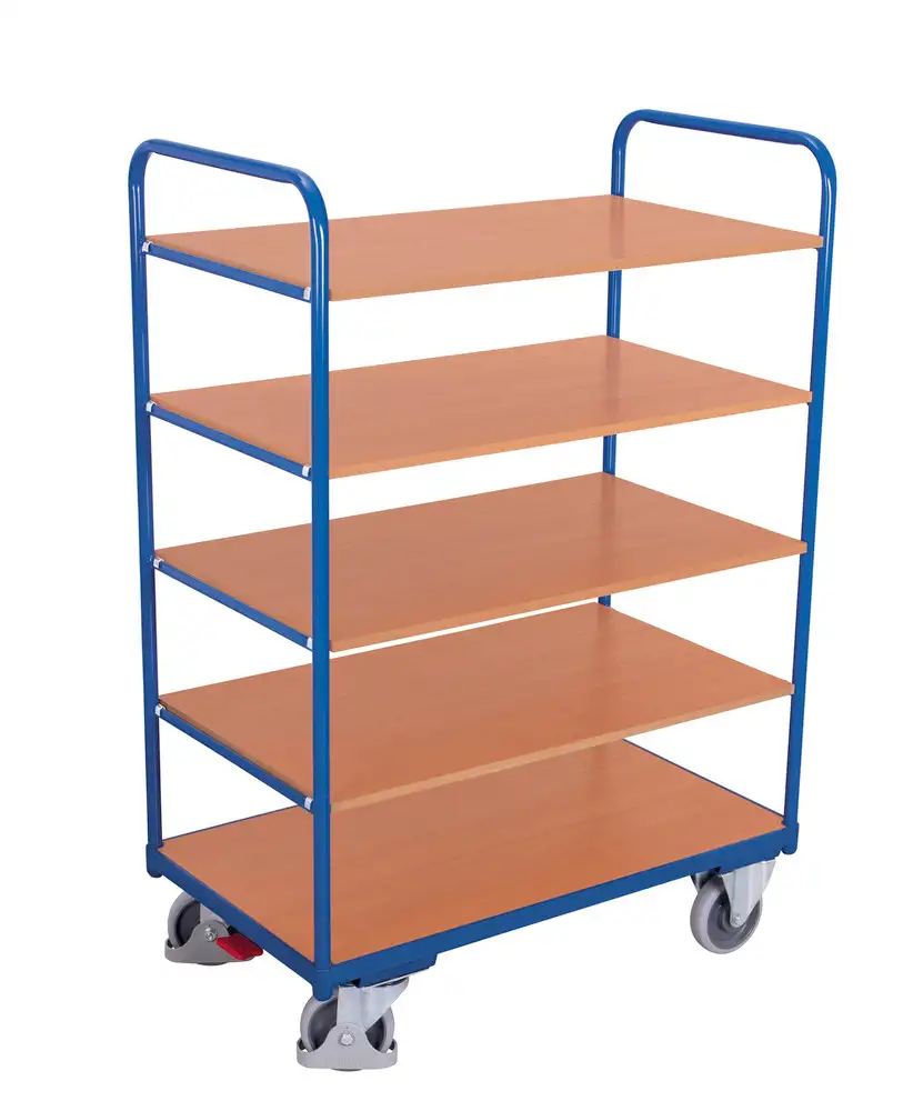 Carrello in acciaio a ripiani, 5 ripiani, rivestito a polvere, ruote in TPE, EasySTOP, 1200 x 800 mm