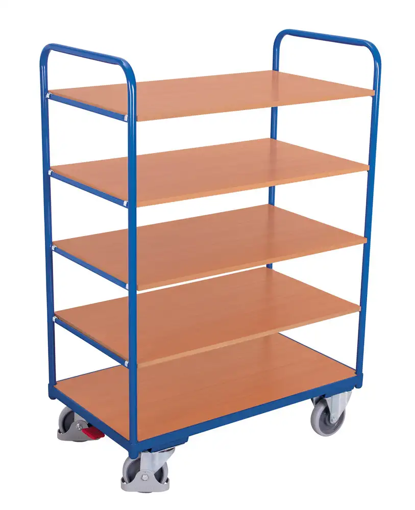 Carrello in acciaio a ripiani, 5 ripiani, rivestito a polvere, ruote in TPE, EasySTOP, 1000 x 700 mm