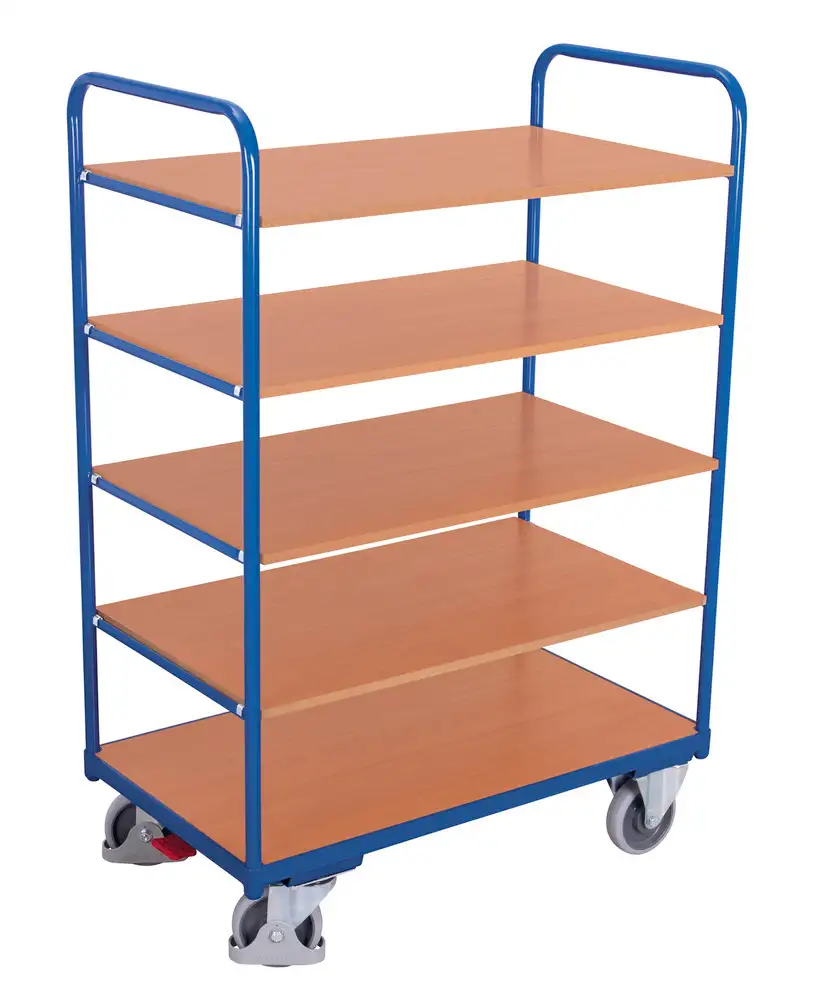 Carrello in acciaio a ripiani, 5 ripiani, rivestito a polvere, ruote in TPE, EasySTOP, 850 x 500 mm
