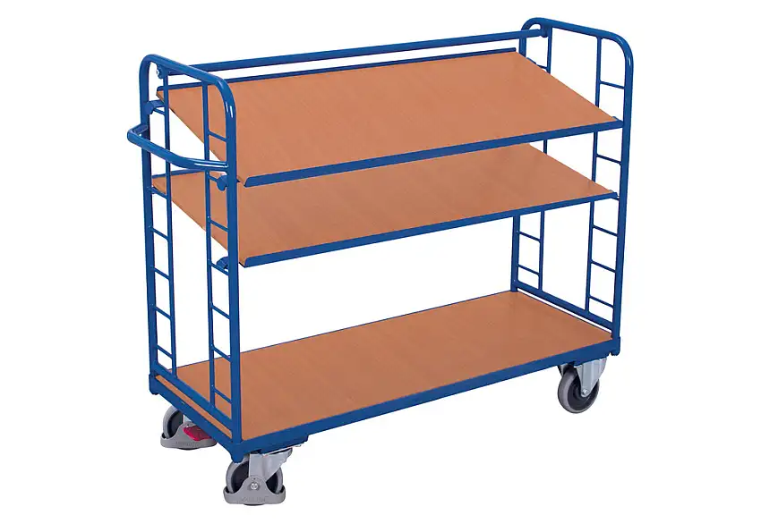 Carrello in acciaio a scaffali, 3 ripiani di cui 2 inclinabili, EasySTOP, altezza 1275 mm