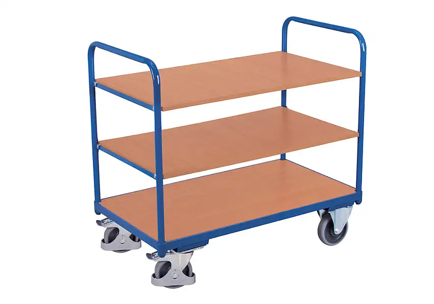 Carrello di trasporto in acciaio, 3 ripiani, rivestito a polvere, ruote in TPE, EasySTOP, 1000x600mm