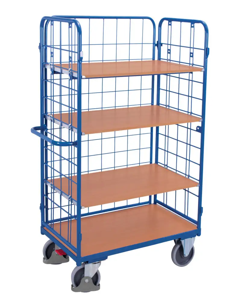 Carrello in acciaio a ripiani, 4 ripiani, 3 pareti in grigliato, EasySTOP, 1200 x 800 mm