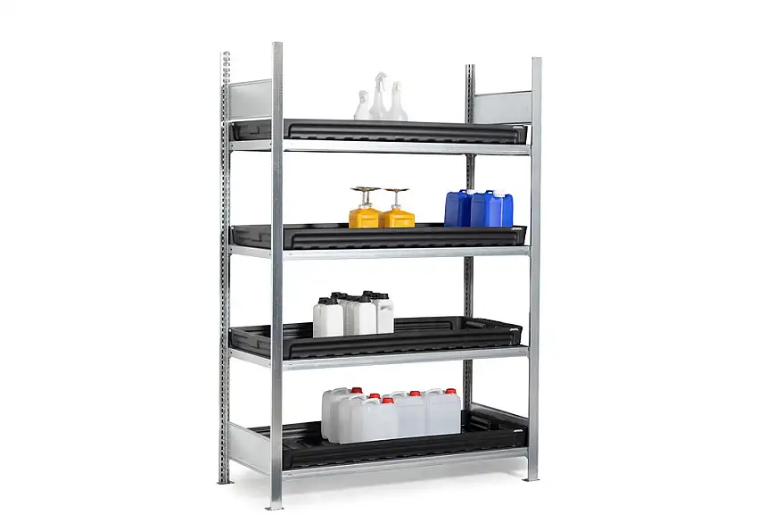 Scaff. per piccoli conten. di sost. per., elem. base, 4 vasche di racc. plast., 1360 x 637 x 2000 mm