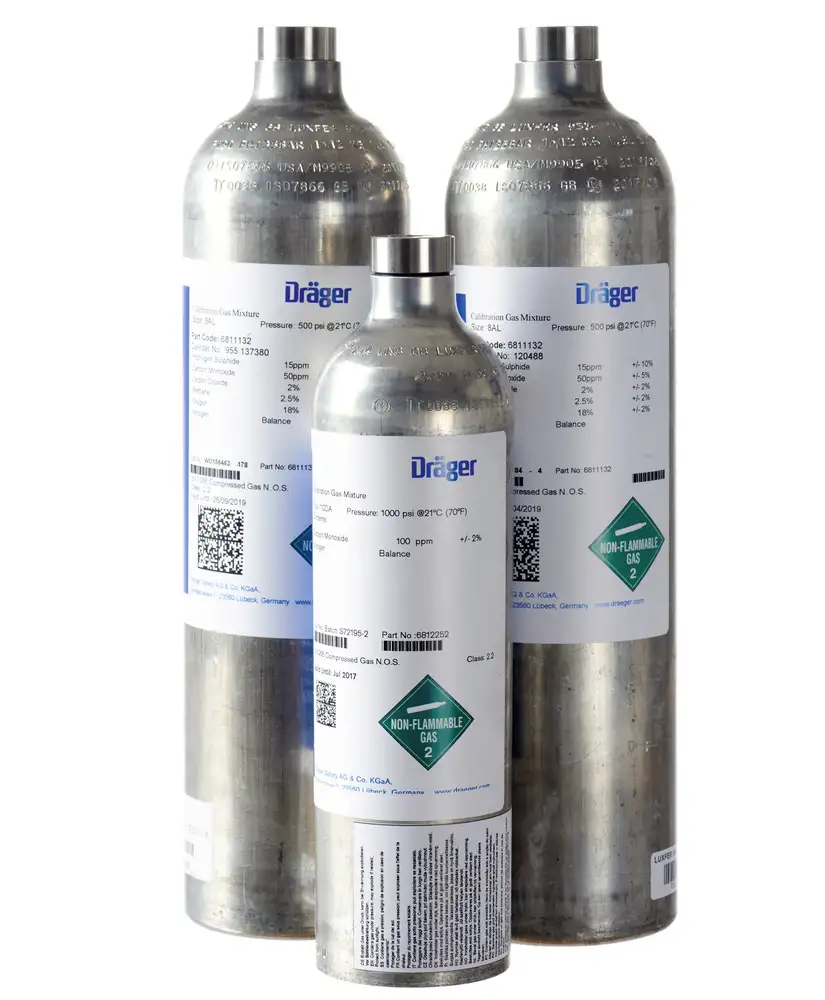 Gas di prova Dräger, 60 litri, 15 ppm H2S, 50 ppm CO, 18 vol.% O2