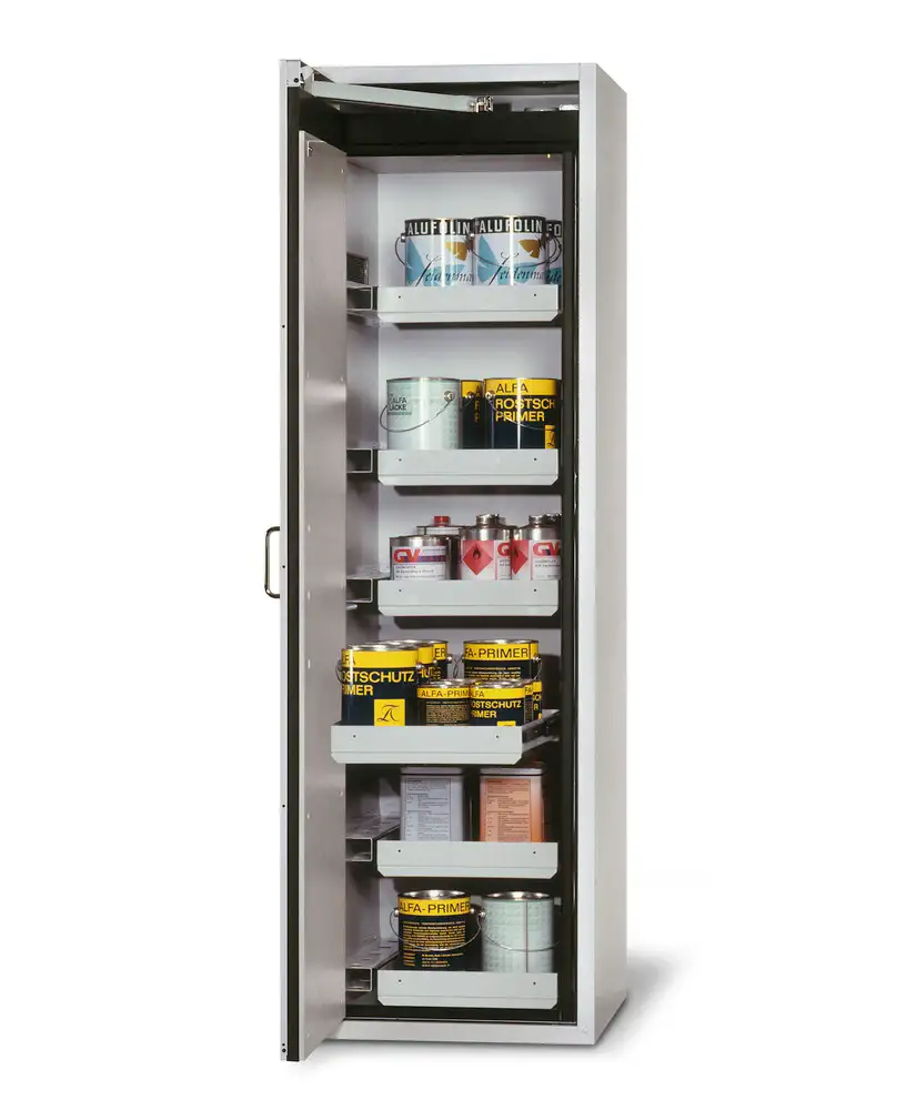 Armadio antinc. asecos G600 per sost. pericolose, 6 cassetti a vasca, apertura porte a dx, grigio