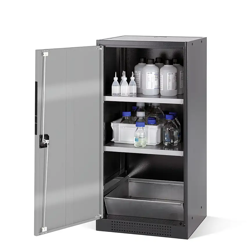 Arm. asecos Systema CS-52L per sost. chimiche, corpo antracite, argento, 2 ripiani e vasca di fondo