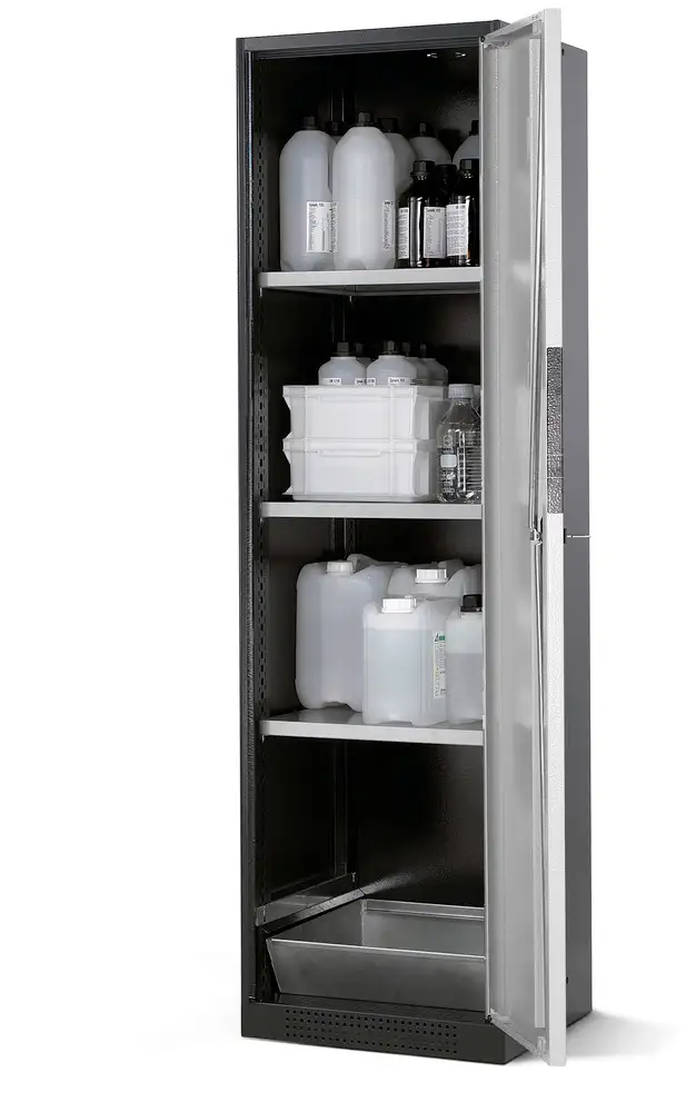 Arm. asecos Systema CS-53R per sost. chimiche, corpo antracite, argento, 3 ripiani e vasca di fondo