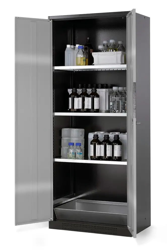 Arm. asecos Systema CS-83 per sost. chimiche, corpo antracite, argento, 3 ripiani e vasca di fondo