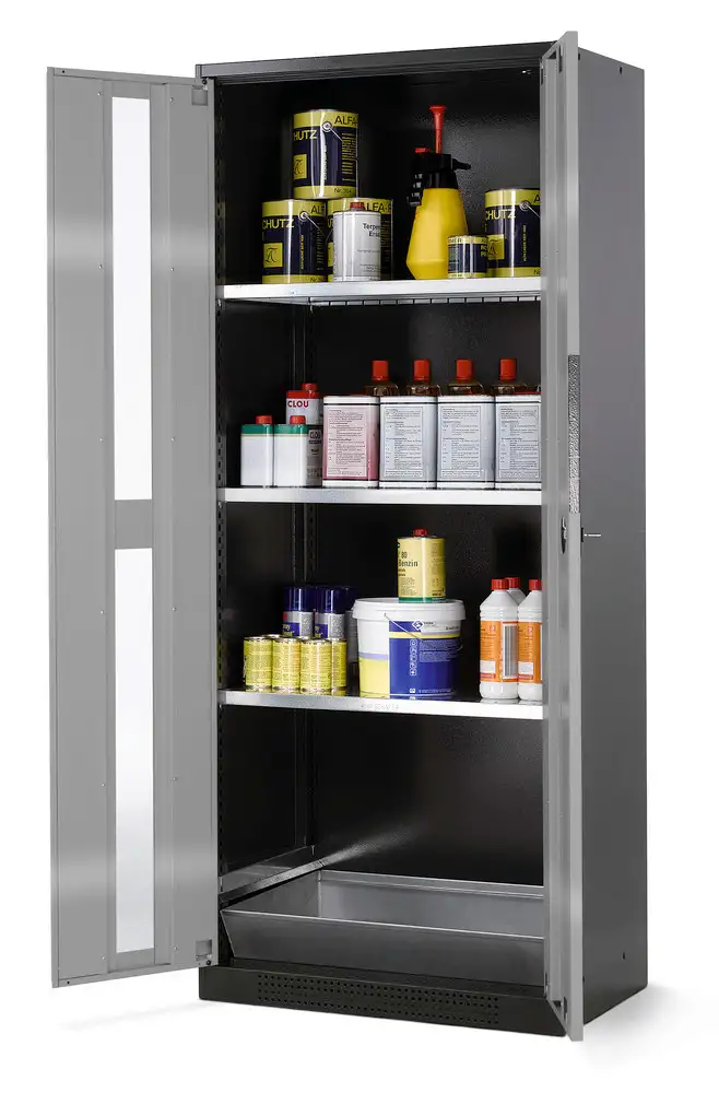 Arm. asecos Systema CS-83G per sost. chimiche, corpo antracite, argento, 3 ripiani e vasca di fondo