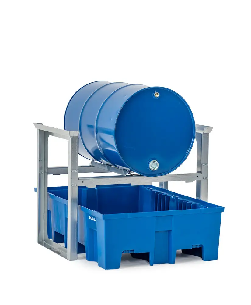 Scaffal. per fusti/stazione di travaso per 1 fusto da 200 l., con vasca in plast., 1049x1245x837 mm