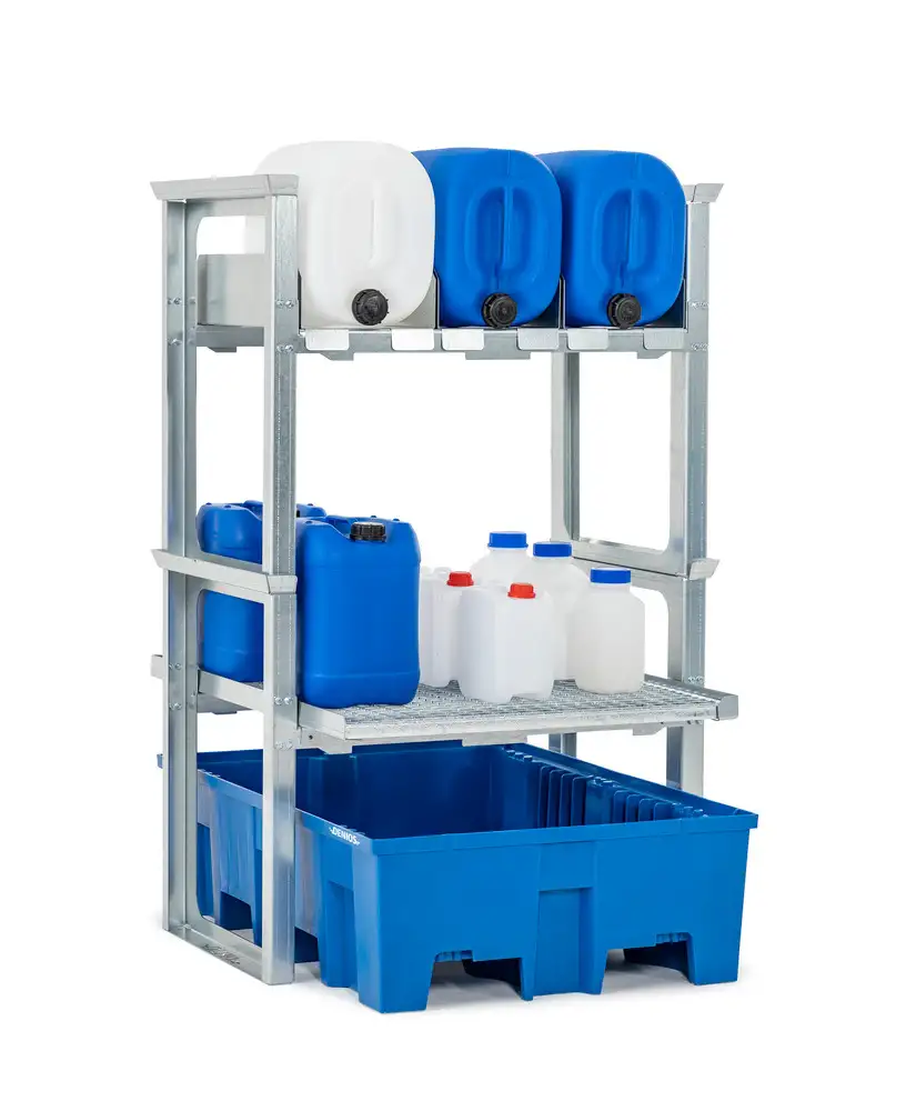 Scaff. per taniche e piccoli cont. di sost. per., vasca di racc. in plast., 1049 x 1245 x 1637 mm