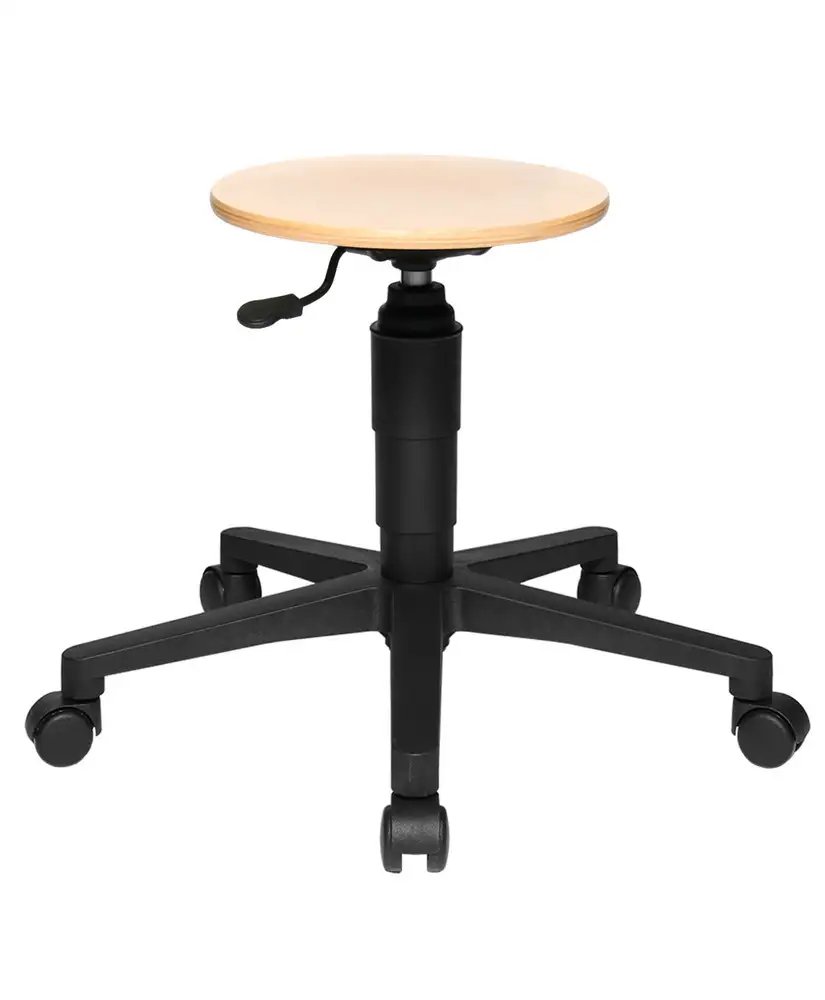 Sgabello da lavoro TopStar Tec 60, con base a croce in plastica, sedile in legno di faggio