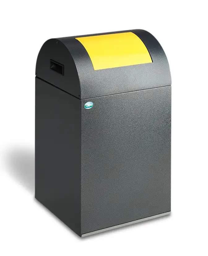 Cont. lam. d'acciaio per mat. riciclabili,autoesting., 43 l.,argento antico, sport. d'intr. giallo