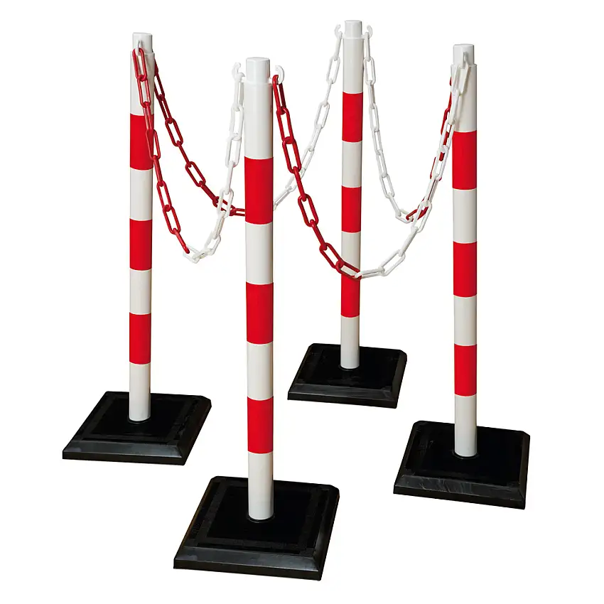 Set supp. cartelli strad., rossi-bianchi, incl. 4 supp. x catene, occhielli e catena in plast. 12,5m