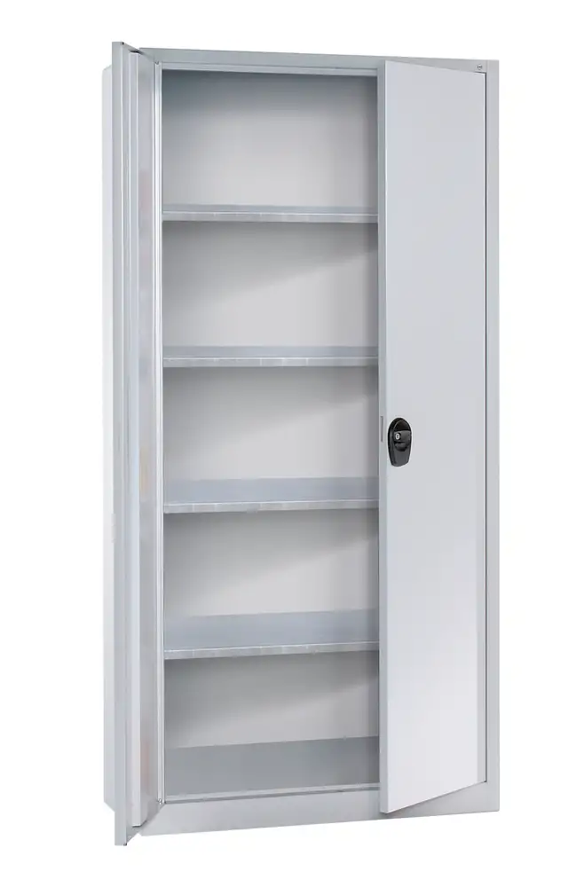 Armadio Basis C+P per materiali, con 4 ripiani, 930x400x1950mm, porte grigio chiaro