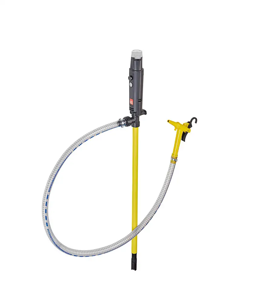 Pompa a batt. B1 in PP, per sost. chim.,75 W, prof. d’imm. 700 mm, tubo fless. 1,5m, valvola d’erog.