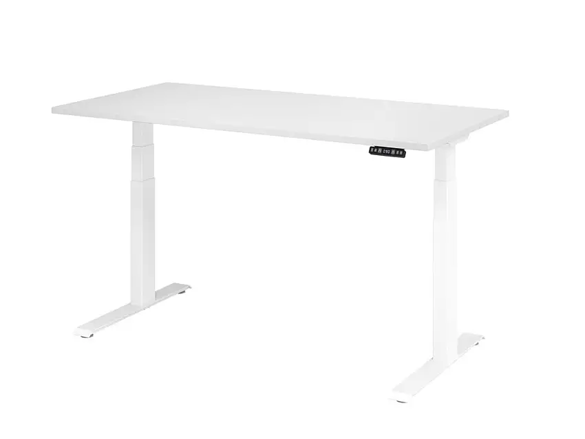 Scrivania reg. in alt. con mecc. elettrico, interruttore mem., base a C, 1600 x 800mm, bianco/bianco