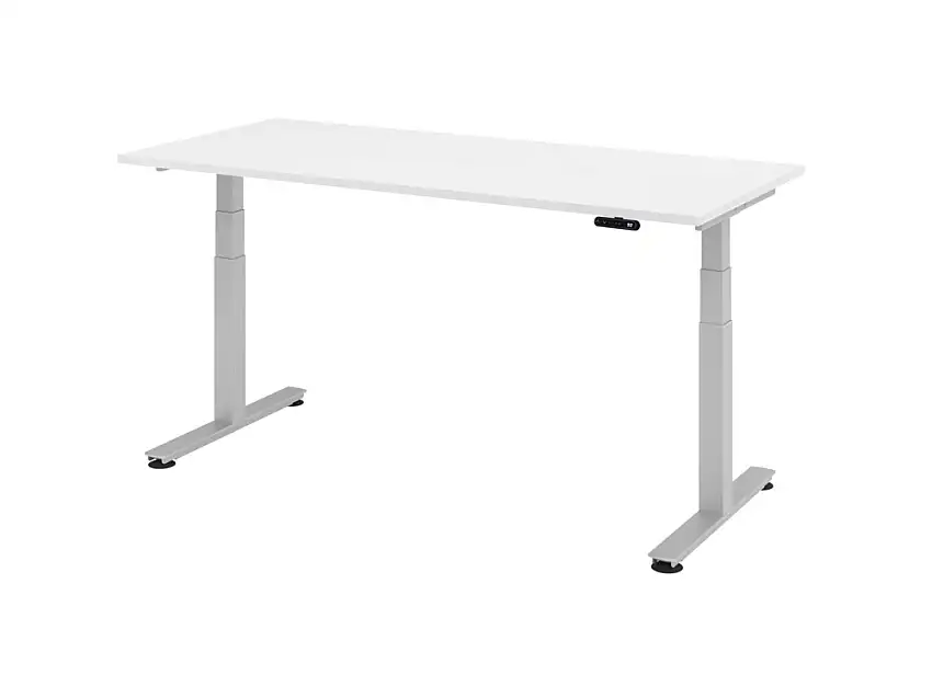 Scrivania reg. in alt. con mecc. elettrico, interruttore mem., base a T, 1800x800mm, bianco/argento