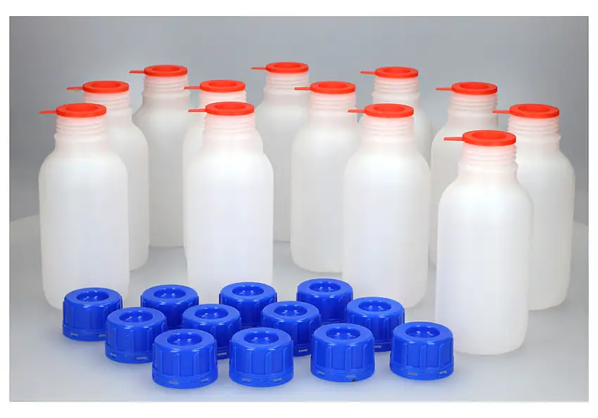 Bottiglie a collo stretto in HDPE, rotonde, trasparente naturale, 500 ml, con omolog. UN, 12 pezzi