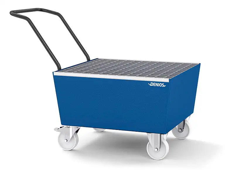 Vasca di raccolta mobile in acciaio, per 1 fusto da 200 litri, 1350x815x995 mm, con grigliato