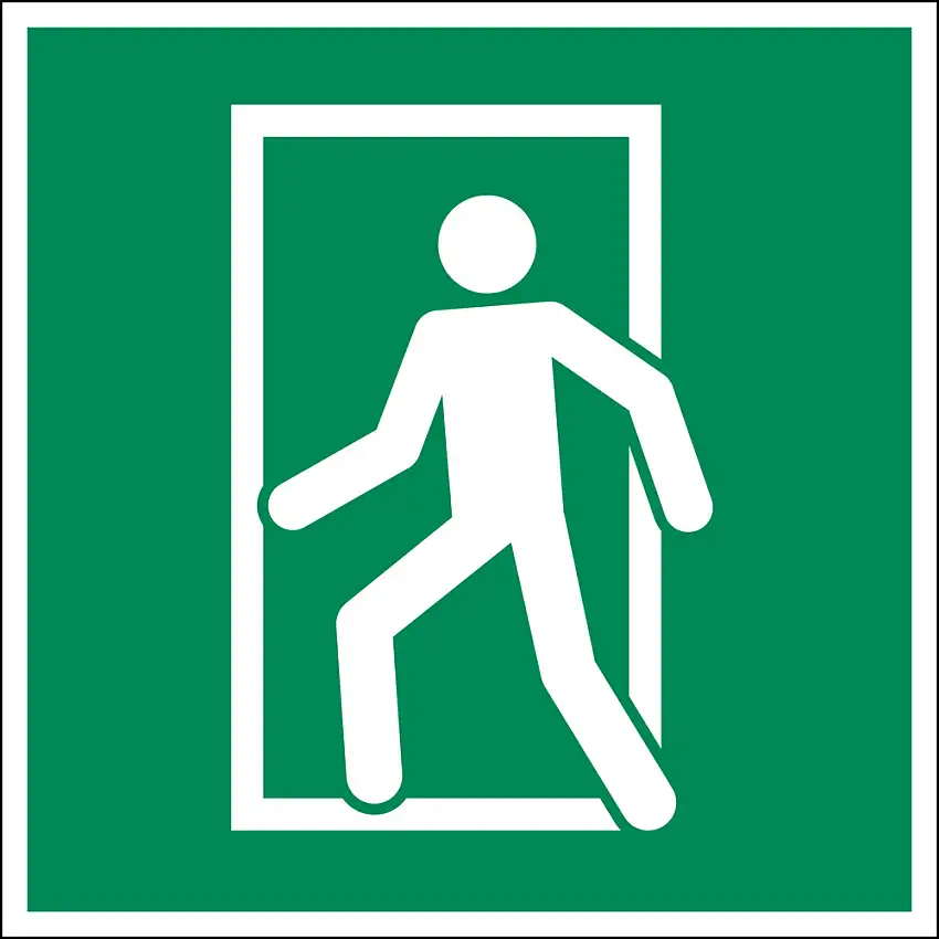 Cartello di salvataggio “Uscita via d'emerg.”, ISO 7010, plast, fotolum., adesivo, 150x150 mm, 5 pz.
